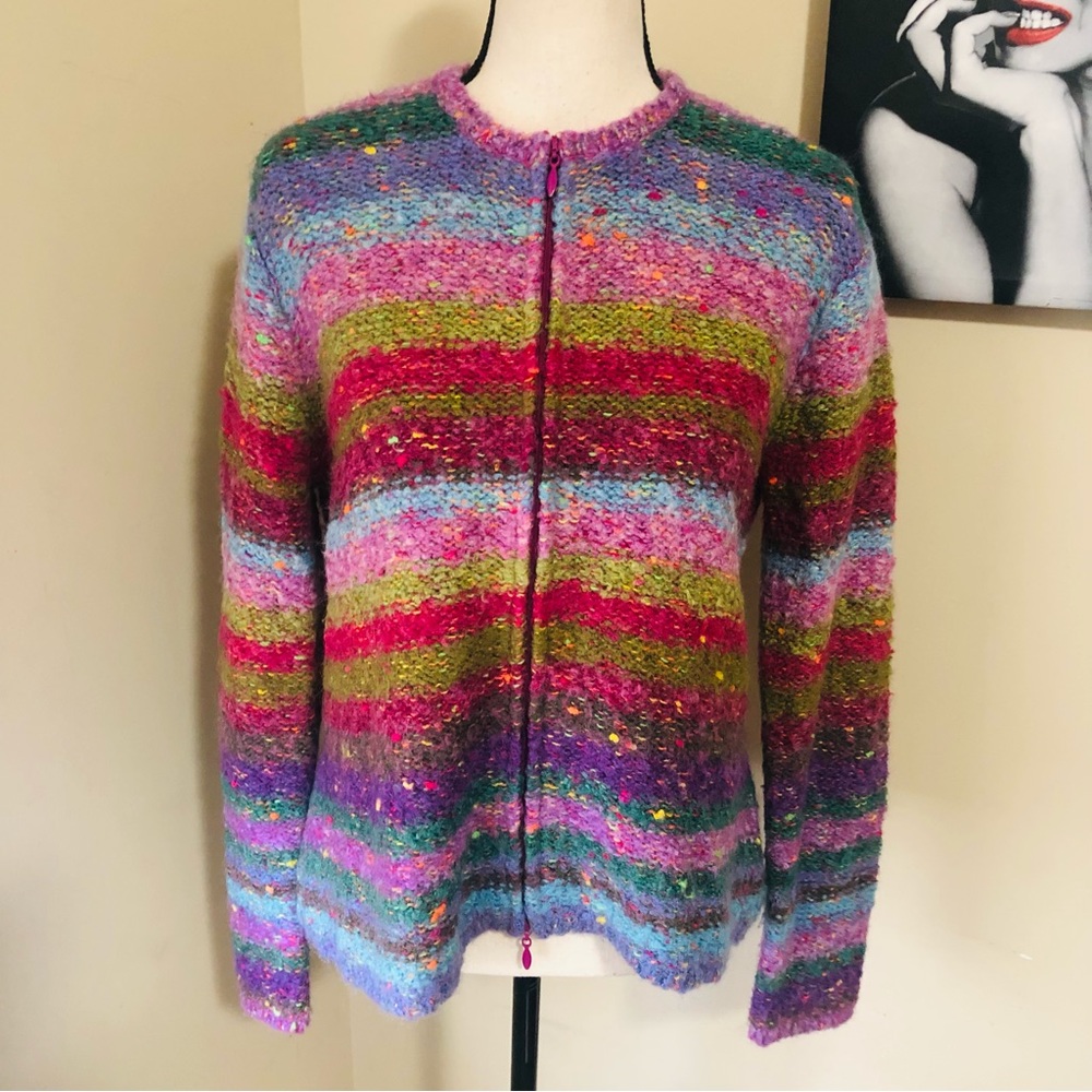 Talbots Multicolor Striped Knit Cardigan - Pink, Green, Purple, Blue